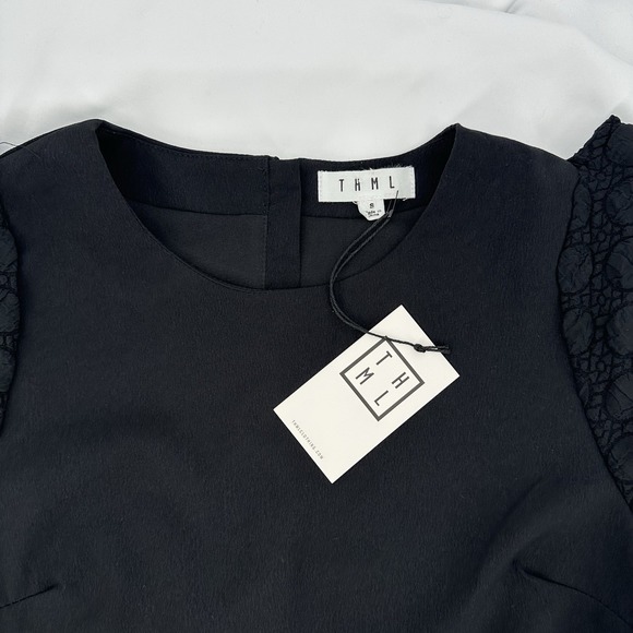 Anthropologie THML Sz S Black Textured Puff Sleeve‎ Romantic Mini Shift Dress - Picture 5 of 9